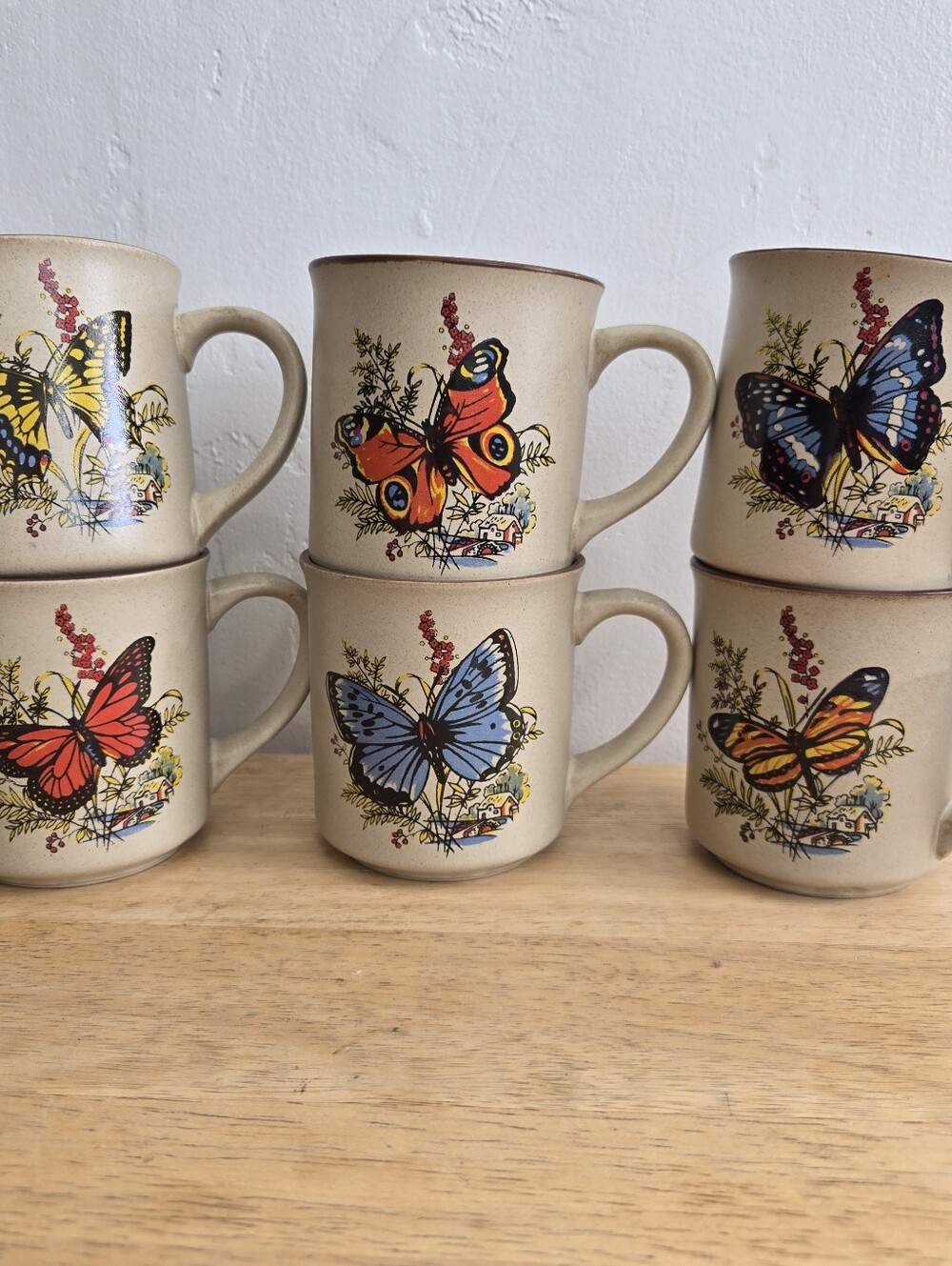 Set Of 6 Vintage Viking Stoneware Butterfly Coffee Mugs